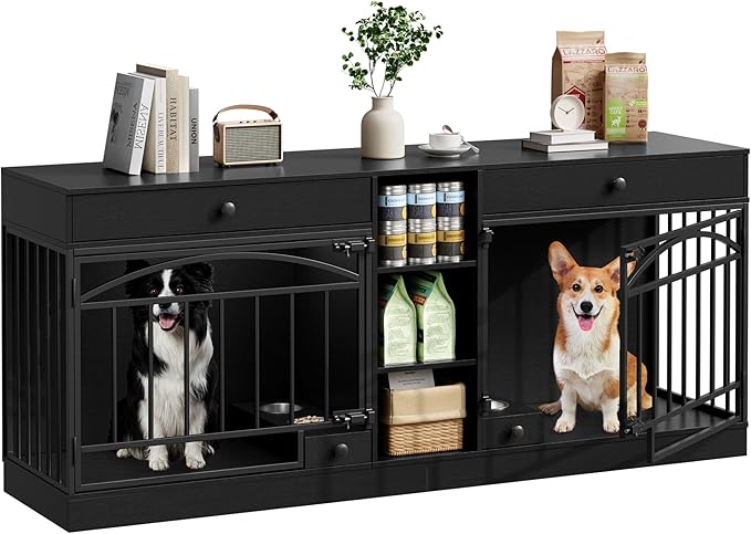 GarveeHome Dog Crate Furniture for 2 Dogs, Dog Kennel Indoor with Storage and Feeding Bowls, Double Dog Crate TV Stand for Small Medium Dogs, Black
