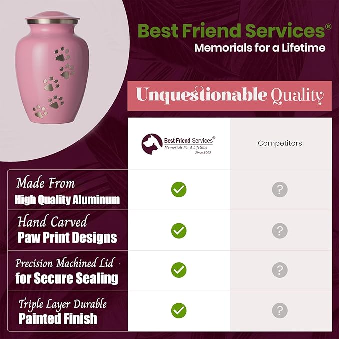 Ottillie Paws Legacy Series Pet Urn for Dogs, Handmade Aluminum Memorial Cremation Urn (Large - Pets up to 115 lbs, Ardent Pink, Vertical Pewter Paws)