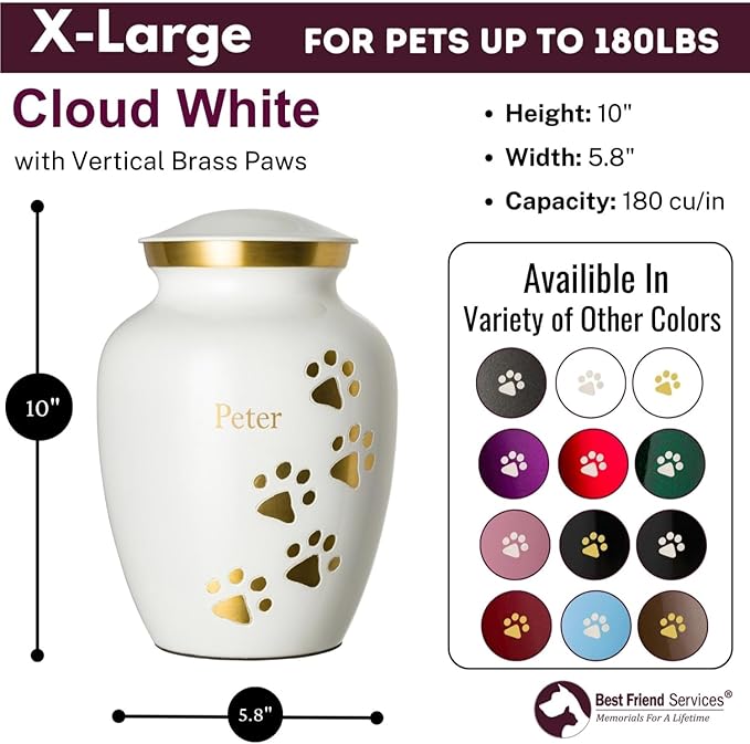 Ottillie Paws Premier Series Pet Urn for Dogs with Personalized Laser Engraving (X-Large - Pets up to 170 lbs, Cloud White with Vertical Brass Paws)