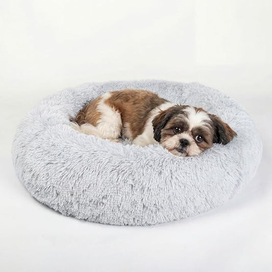 Calming Donut Dogs Beds for Small Dogs Washable,23inch Plush Round Pet Bed for Cozy Sleep,Fluffy Faux Fur Large Cat Bed,Fits up to 25 lbs Pets,Frost Grey