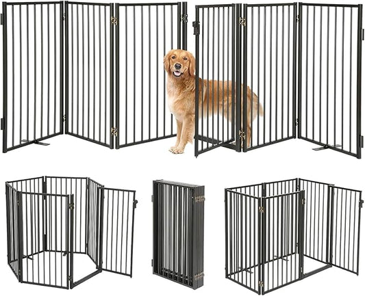 Metal Freestanding Dog Gates with Door for Outdoor Indoor,120'' Extra Wide 36'' Tall Free Standing Dog Gate for Doorways,Large Openings,Deck,Yard,Porch,Foldable Safety Pet Fence(Black,6 Panels)