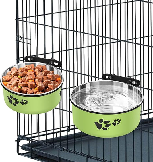 Dog Crate Bowls, ShineMe Stainless Steel Dog Kennel Bowls for Crates, Spill Proof Dogs Dishes That Attach to Crate Kennel Cage for Small Medium Size Dogs Cats, Set of 2, Green (6.2x2.6” & 5.5x2.4”)