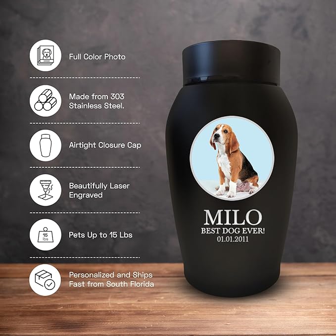 Personalized Custom Photo Dog Urn Engraved Dog Name and Date Stainless Steel Cremation Urns for Dogs Ashes with Pet Photo | Pets Up to 15 Lbs | Small 5.2" x 3" | Black