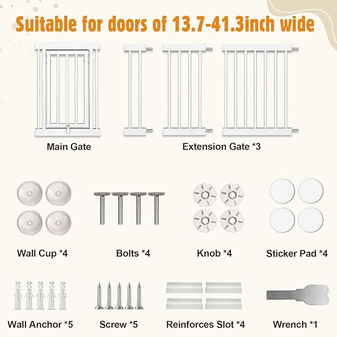 Metal Short Dog Gate - 16.5" Tall Pressure Mount Indoor Pet Gate, 13.7"-41" Adjustable Extra Wide, Easily Step Over Dog Gates with 3 Extension Kits, Small Puppy Gate for Doorways & Stairs