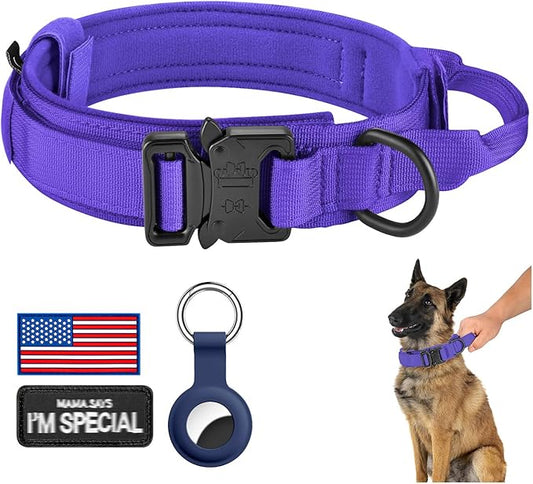 DAGANXI Tactical Dog Collar, Adjustable Military Training Nylon Dog Collar with Control Handle and Heavy Metal Buckle for Medium and Large Dogs, with Patches and Airtags Case (Purple, XL)