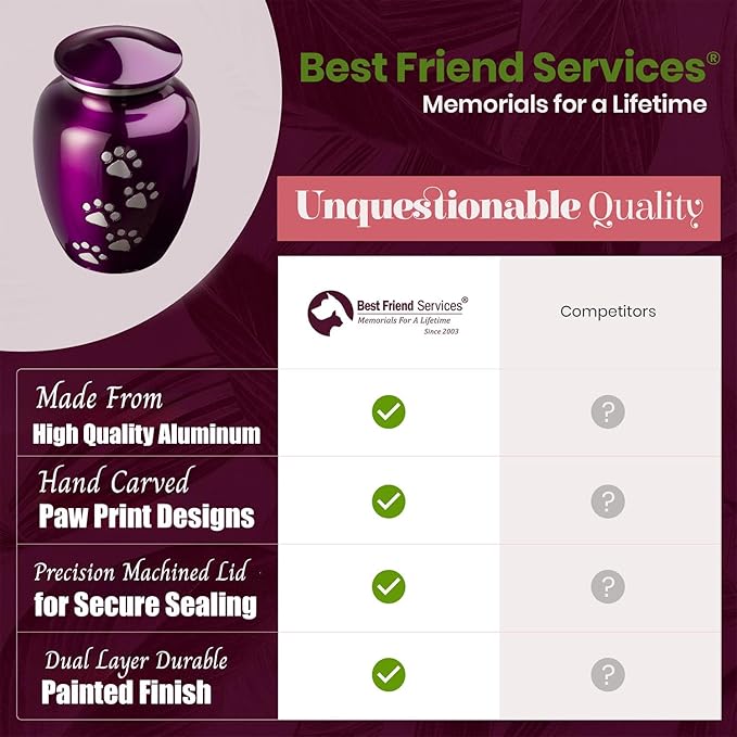 Ottillie Paws Legacy Series Pet Urn for Dogs, Handmade Aluminum Memorial Cremation Urn (X-Large - Pets up to 170 lbs, Deep Violet, Vertical Pewter Paws)