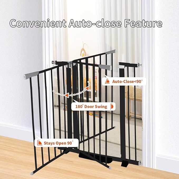 41 Inch Tall Baby Gate Auto Close Dog Gate Adjustable 29.92"-49.21" Wide Pressure Mounted Walk Through Swing Pet Gate for Doorways (Black, 29.92"-49.21" Wide)