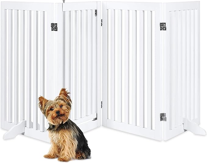 Best Choice Products 31.5in 4-Panel Freestanding Wooden Pet Gate w/Walk Through Door, Adjustable Pen, Support Feet - White