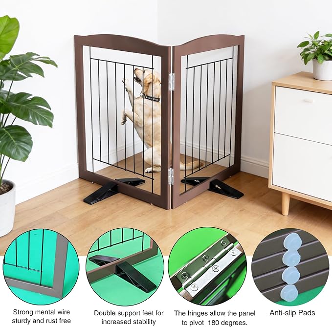 Dog Fence Indoor,Dog Gate Indoor for Doorway pet gate -2-Panel Freestanding, Hallways, House or Stairs -40x32-Inch Retractable Foldable Expandable Wood Pet by SFJC (Brown) ﻿