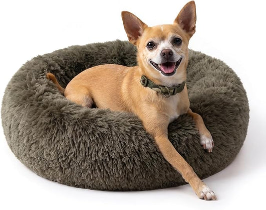 Calming Donut Dogs Beds for Small Dogs Washable,19inch Fluffy Round Puppy Bed for Puppies,Cats & Toy Breeds with Raised Rim,Fits up to 15 lbs Pets,Army Green