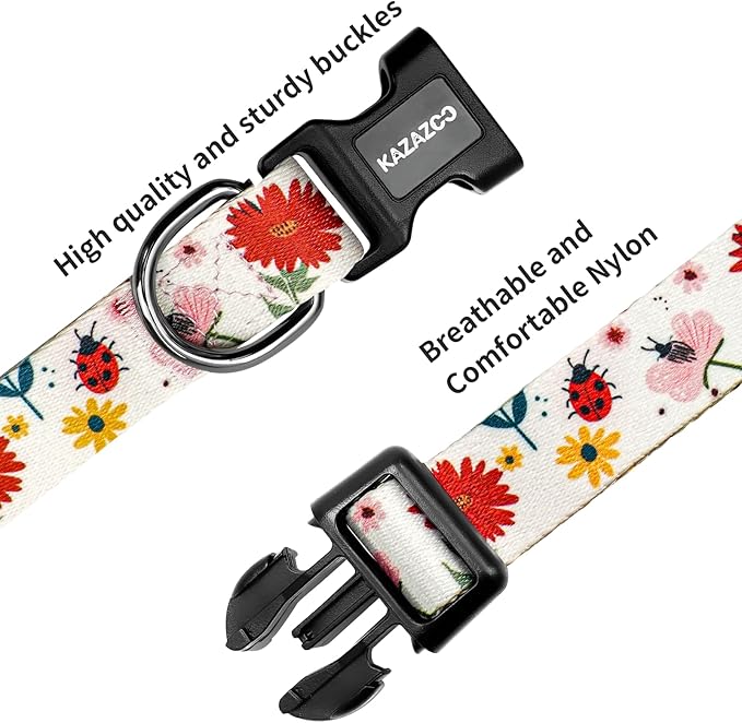 Kazazoo Dog Collar Cute and Soft Nylon Puppy Collar for Boy and Girl, Adjustable Dog Collars for Medium Large Dogs, Ladybugs and Flowers-L