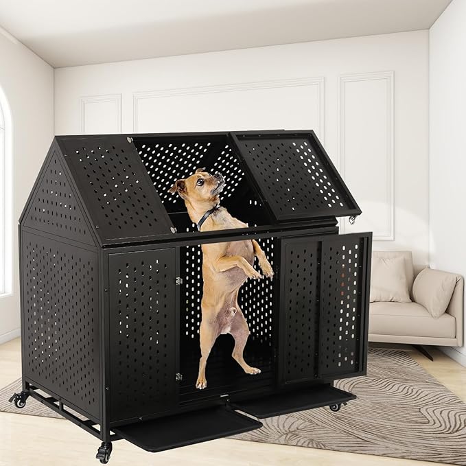 44 Inch Heavy Duty Indestructible Dog Crate with Wheels, Steel Escape-Proof Indoor Double Door High Anxiety Cage, Durable Chew-Proof Kennel with Removable Tray for Large Medium Dogs
