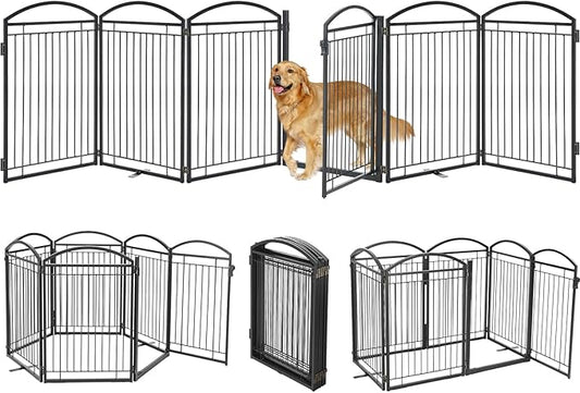 Full Metal Free Standing Dog Gate with Door for Indoor Barriers,144'' Extra Wide 32'' Tall Dog Gate for Doorways,Large Openings,Decks,Freestanding Portable Pet Fence(6 Panels,Black)