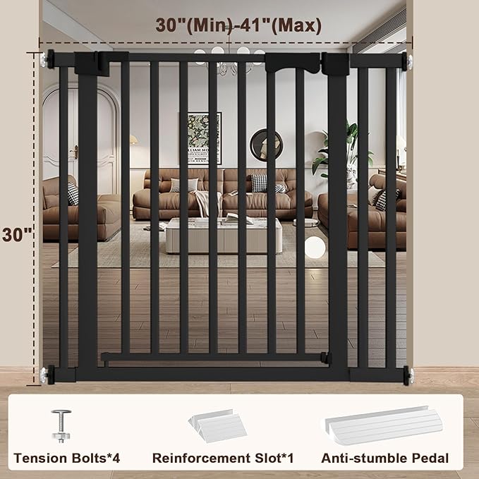 30-41 Inch Extra Wide Outdoor Baby Gate/Dog Gate, Indoor Pet Gate for Doorways, Hallways and Stairs No Drilling, Auto Close, Pressure Mounted Safety gate for Babies,Pets, Black