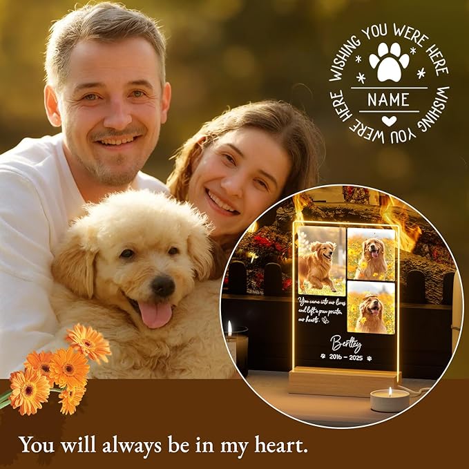Bemaystar Dog Memorial Gifts for Loss of Dog Pet Memorial Gifts for Dogs Cat Memorial Gifts Custom Pet Memorial Night Light Pet Loss Gifts, Memorial Plaques for Dog Memorial Picture Frame - 3 Photos