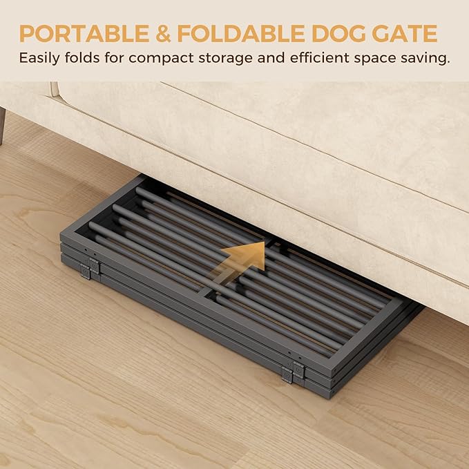 Dog Gate Indoor, Freestanding Foldable Pet Gate for The House, Doorway, Stairs, 48.2" W x 23.6" H Metal Step Over Fence with Support Feet, 3-Panel Pet Puppy Safety Fence, Black DGBK6001