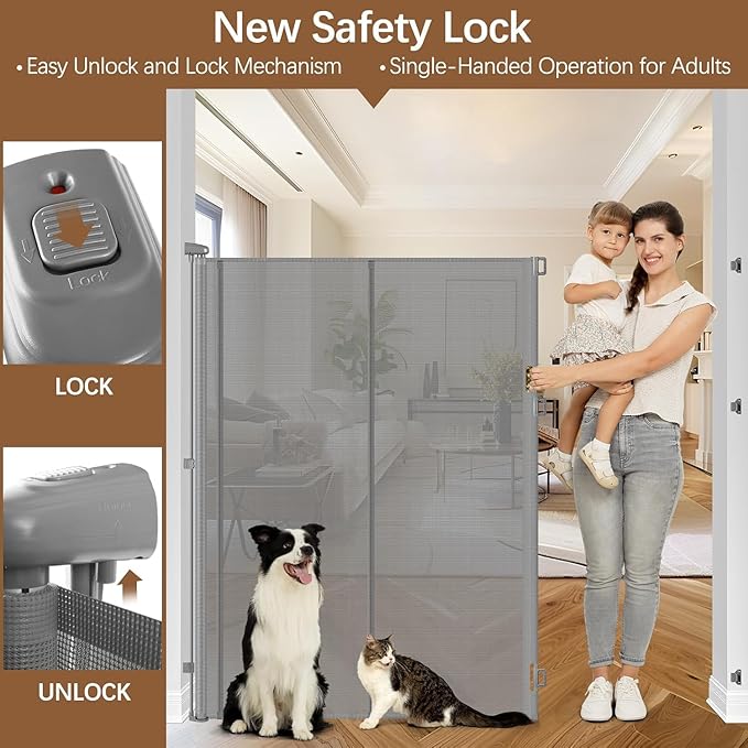 Reinforced 60" Extra Tall Dog Gates Indoor Climb Proof Cat Gate for Hallway - No Jumping Over/Crawling Under, 55" Wide Mesh Baby Gate Retractable Pet Gate, 5 Foot Extra Tall Cat Gate for Doorway, Gray