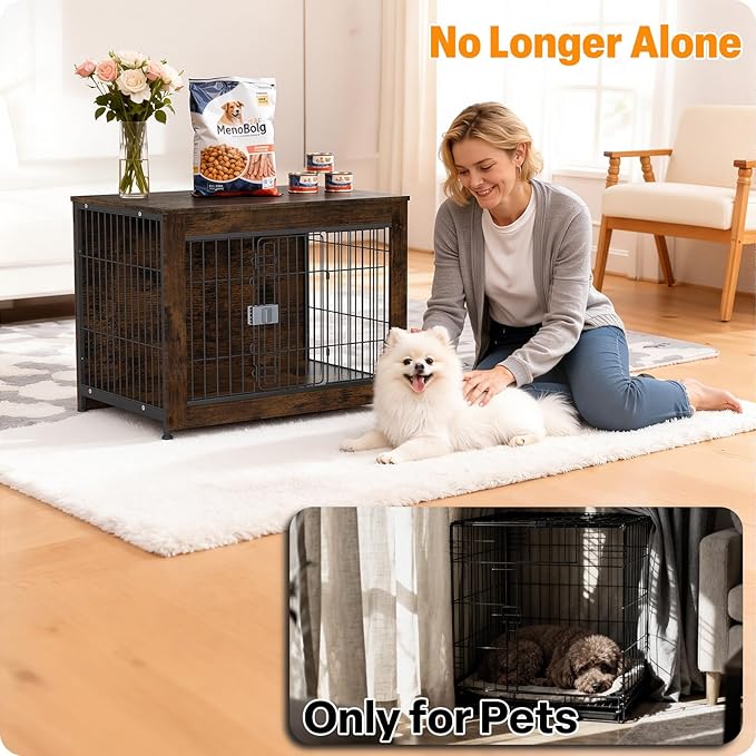 Furniture Style Dog Crate, 32" Wooden Dog Kennel End Table with Solid Top, Indoor Pet Crate House with Secure Slide Lock, Modern Dog Cage Furniture for Small & Medium Dogs, Aged Black