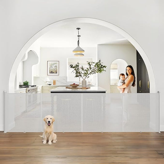 Upgrade Retractable Baby Gates Extra Wide(200" W x 42" H), 200 inch Reinforced Retractable Dog Gate to Prevent Crawling Through, Retractable Gate Outdoor/Indoor, Real One-Handed Operation, White