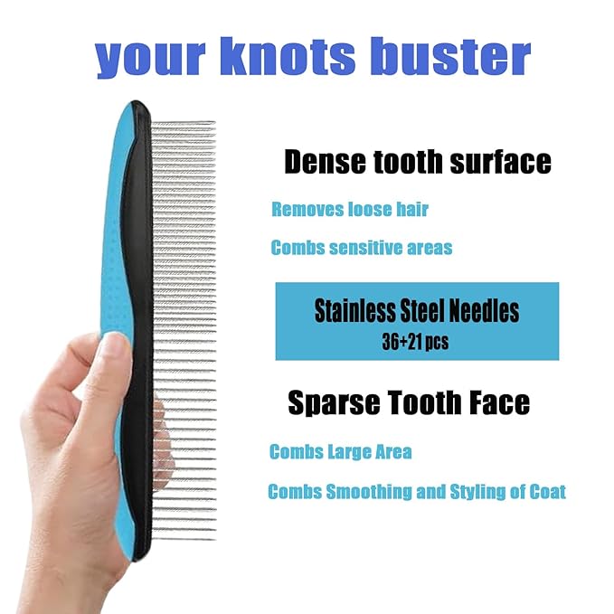 Dog Flea Comb for Small Dogs - Metal Flea and Tick Comb with Rubber Handle, Dematting Comb for Cats and Dogs, Professional Pet Grooming Tool for Long Haired Pets