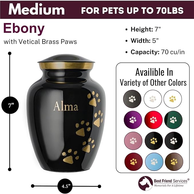 Ottillie Paws Premier Series Pet Urn for Dogs with Personalized Laser Engraving (Medium - Pets up to 65 lbs, Ebony with Vertical Brass Paws)