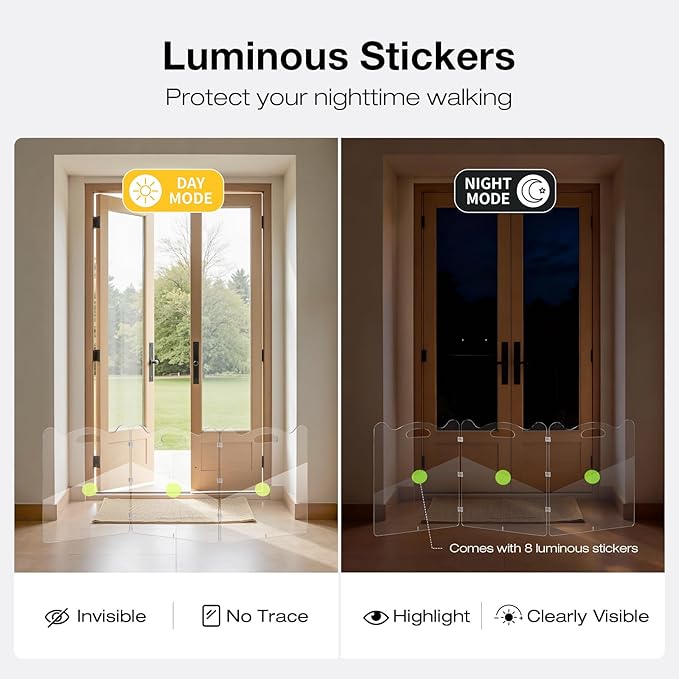 24"Tall Clear Dog Gate Acrylic,3-Panel Clear Pet Gate Foldable,Fluorescent Sticker,Avoid Collision At Night,Safety Lock For More Security,For Doorway,Stair,Protect Decoration,For Small And Medium Pet