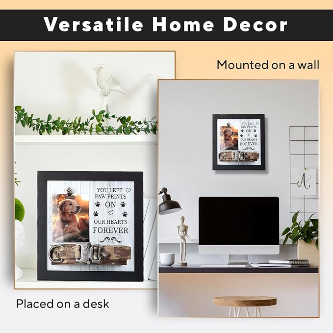 Pet Memorial Frame with Collar Holder – Dog & Cat Loss Remembrance Gift – You Left Paw Prints on Our Hearts Forever – Sympathy Keepsake Frame for Pet Lovers