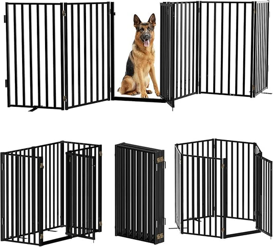 Full Metal Freestanding Dog Gates with Door, 36" Height Dog Fences for Indoor & Outdoor, Extra Wide Foldable Pet Gates for Stairs, Hallways, Doorways, Yard (6 Panels, 120" W × 36" H)