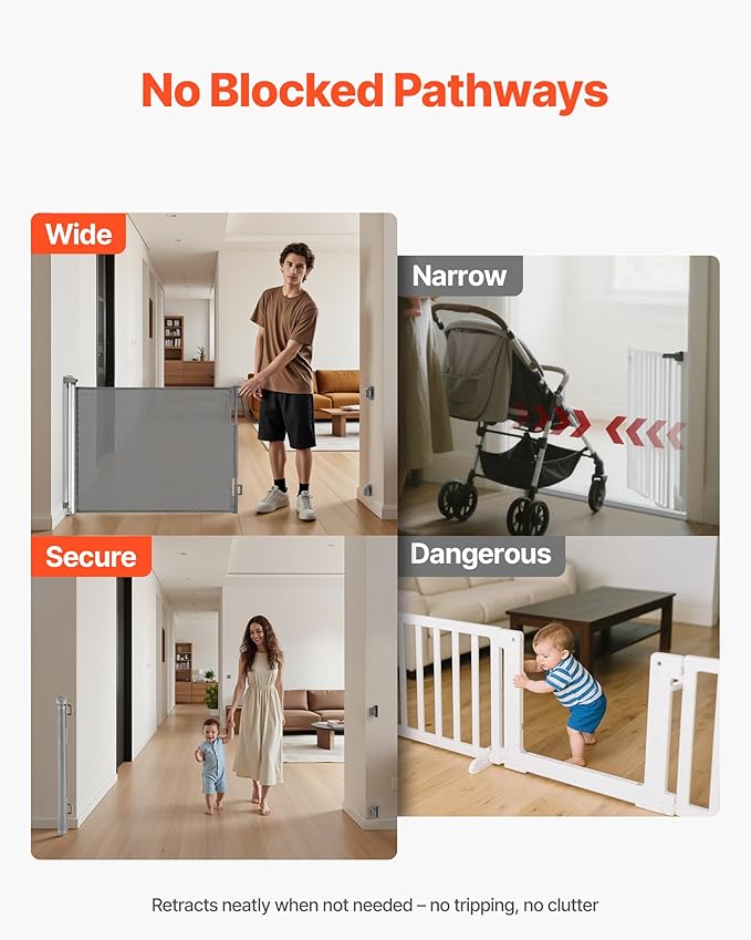 VEVOR Retractable Baby Gate, Extends to 72.8 inch Wide, 31.3 inch Tall, with Security Lock, Easy to Use, Walk Through Without Tripping, Mesh Dog Gate for Stairs, Hallways, Indoor/Outdoor, Gray
