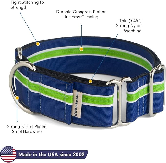If It Barks - 1.5" Martingale Collar for Dogs - Adjustable - Nylon - Strong and Comfy - Ideal for Training - Made in USA - Large Finley