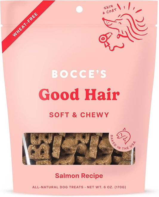 Bocce's Bakery Dailies Good Hair Dog Treats for Skin & Coat Support, Wheat-Free Dog Treats, Made with Real Ingredients, Baked in The USA, Natural Soft & Chewy, Salmon Recipe, 6 oz