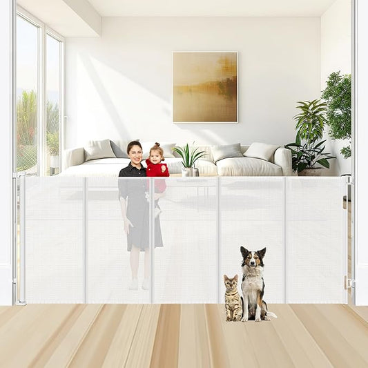 Reinforced 48" Extra Tall X 100" Extra Long Baby Gates for Wide Openings Retractable Baby Gates Extra Wide Dog Gates Indoor Mesh Gates for Dogs Tall Pet Gates for Doorways Mesh Cat Gate, White