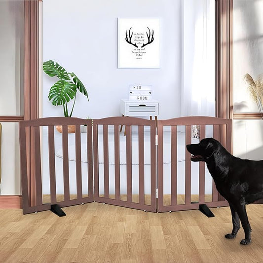 Freestanding Dog Gate Indoor,Doggie Gate Foldable Pet Gates for Doorways,Stairs or Hallways, Wooden Brown Pet Gate for the House, Pet Fence with Support Feet Included,24 "Height-3 Panels