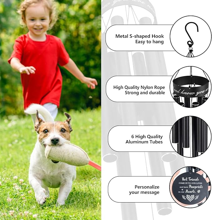 Personalized Name Photo 30" Wind Chimes, Produced in USA Pet Memorial Gifts for Loss of Dog, Custom Picture Dog Remenbrance Gift in Memory, Sympathy Family Love Pet Dogs Cat Gift for Son Daughter