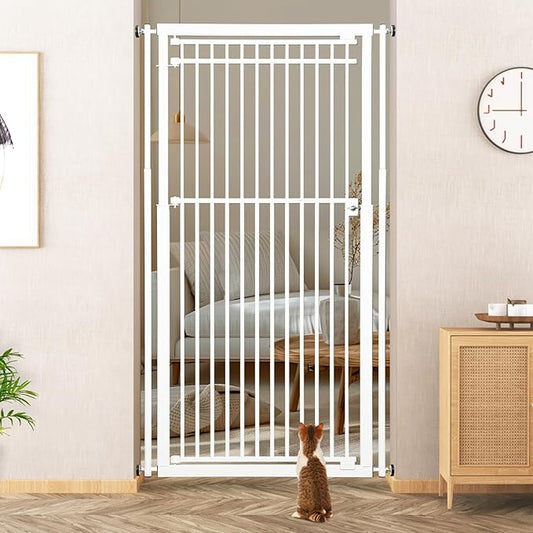 78.8" Extra Tall Cat Gate, 28.3-33" Wide Safety Metal Cat Door, Pressure Mounted Easy Walk Through Pet Gate with Door for Stairs, Doorways, White