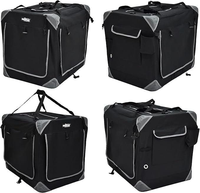 EliteField 4-Door Folding Soft Dog Crate with Curtains, Carrying Bag and Fleece Bed (2 Year Warranty), Indoor & Outdoor Pet Home (42" L x 28" W x 32" H, Black+4 Door Curtains)
