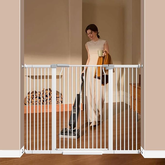41" Extra Tall Cat Gate for Doorway, 40.6-54.7 Metal Pet Baby Safe Gate, Extra Wide Pressure Mounted Child Door with Expansion Kit, No Drilling No Climb Cat Fence Indoor, Tall Dog Gate, White