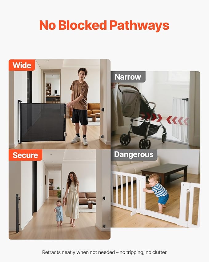 VEVOR Retractable Baby Gate, Extends to 72.8 inch Wide, 38.5 inch Tall, with Security Lock, Easy to Use, Walk Through Without Tripping, Mesh Dog Gate for Stairs, Hallways, Indoor/Outdoor, Black