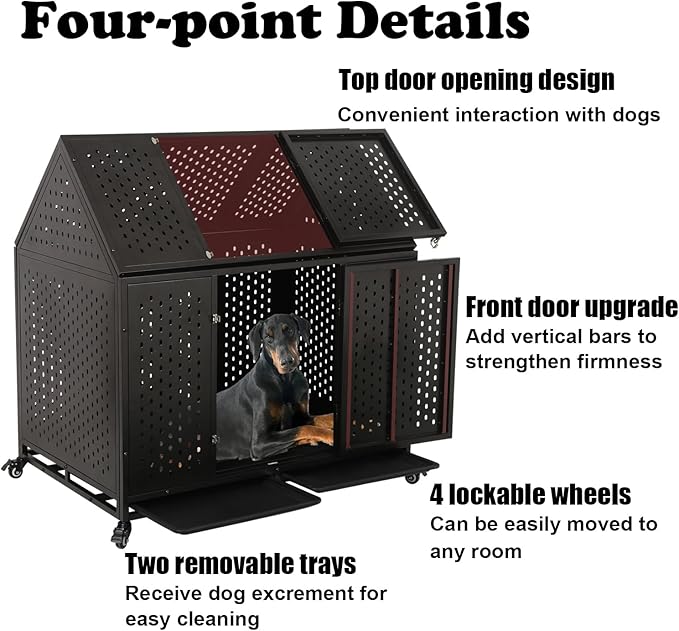 44 inch Indestructible Heavy Duty Dog Crate, Escape-Proof Indoor Impact Dog Cage for Large Medium Dogs, High Anxiety Pet Kennel with 2 Trays, 4 Wheels, 4 Locks and Double Door, XL