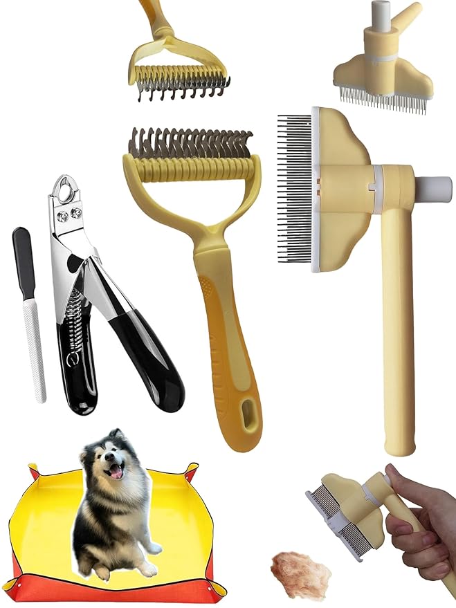 4-in-1 Pet Grooming Kit: Detangling Comb & Self-Cleaning Rotating Brush for Dogs Cats - Stainless Steel Teeth, Slicker Brush Alternative, Tangle Remover, Shedding Tool w/Nail Clipper & Mat