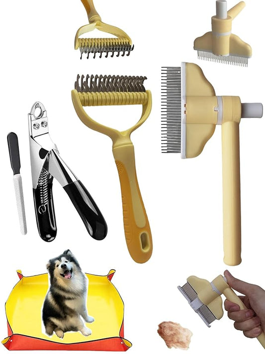 4-in-1 Pet Grooming Kit: Detangling Comb & Self-Cleaning Rotating Brush for Dogs Cats - Stainless Steel Teeth, Slicker Brush Alternative, Tangle Remover, Shedding Tool w/Nail Clipper & Mat