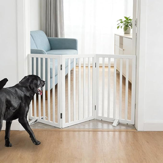 ZJSF Freestanding Indoor Dog Gate for House Foldable Wood White Puppy Gate for Doorways Pet Gate for Stairs Extra Wide Pet Fence 32" Height 3 Panels
