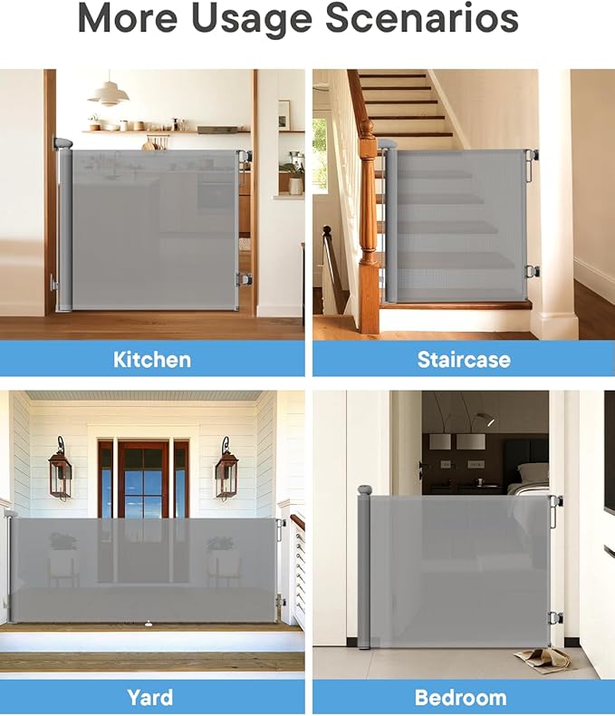Retractable Baby Gates | 55" Wide x 34" Tall Dog Gates | One-Hand Operation | Baby Gates for Stairs, Doorways, Deck, Porch, Hallways, Patio - Gray