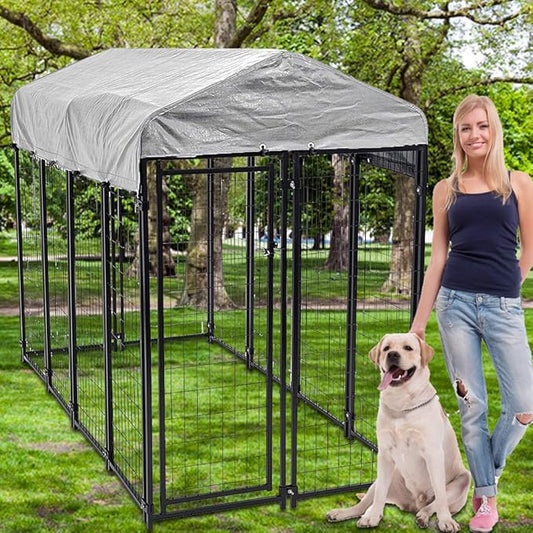Large Dog Kennel Outdoor 8'L x 4'W x 6'H, Extra Large Welded Wire Pet Cage Playpen with UV Protection Waterproof Roof Heavy Duty Galvanized Metal Dog Run Enclosure for Outside