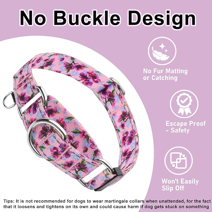 Reflective Martingale Collar for Dogs Nylon Training Collar with No Buckle Cute Floral No Pull Dog Collar for Small Dogs（Purple Flower，S）