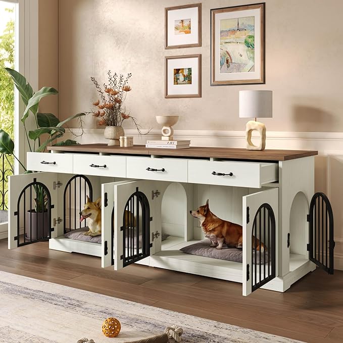 70.8'' Double Dog Crate Furniture for 2 Small and Medium Dogs,XXL Wooden Dog Kennel with 4 Storage Drawers,Removable Divider,Dog Crate TV Stand,Indoor Decorative Dog Cage with 4 Door,White