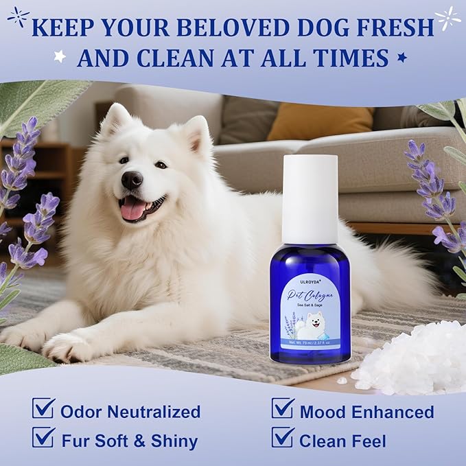 Pet Cologne Spray, Sea Salt & Sage Dog Perfume, Natural Ocean Scent, Deodorizing Grooming for Dogs and Cats, Alcohol-Free, Between Baths Freshener, 2.37 fl oz