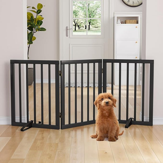 Semiocthome Bamboo Freestanding Dog Gates for Doorways,3-Panel Indoor Puppy Gates for the House with 2 Metal Stands,24"H Folding Pet Gate for Stairs Expands Up to 55"W Fully Assembled Stair Gate Black