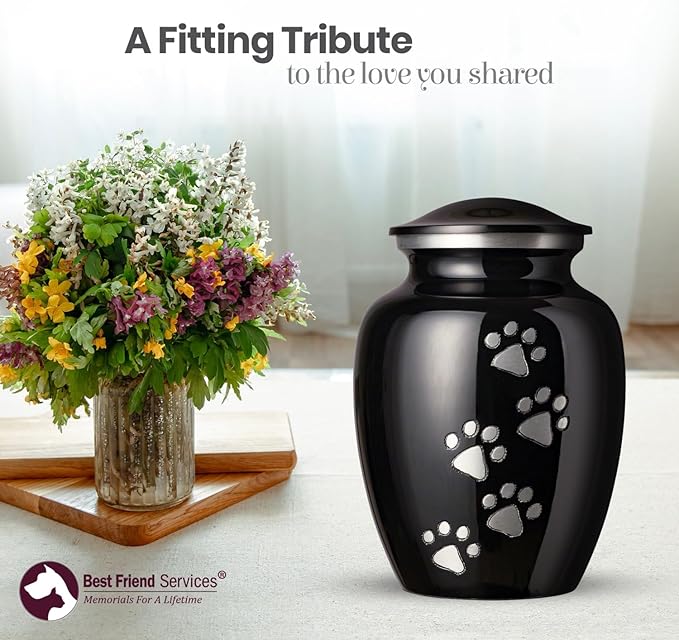 Ottillie Paws Legacy Series Pet Urn for Dogs and Cats, Handmade Aluminum Memorial Cremation Urn (Small - Pets up to 25 lbs, Ebony, Vertical, Pewter Paws)