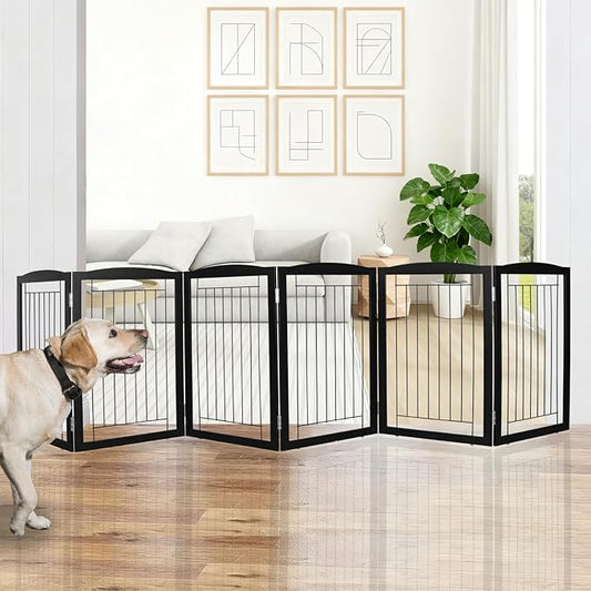 ZJSF Freestanding Foldable Dog Gate for House Extra Wide Wooden Black Indoor Puppy Gate Stairs Dog Gates Doorways Tall Pet Gate 6 Panels Fence